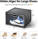 Amllas 8 Pack Shoe Boxes Black Plastic Stackable, Large Shoe Storage Organizer,Drop Side Front Shoe Containers for Entryway,Sneaker Storage Fit up to US Size 13 for Men/Women(13’’x 10.6”x 8.3”)