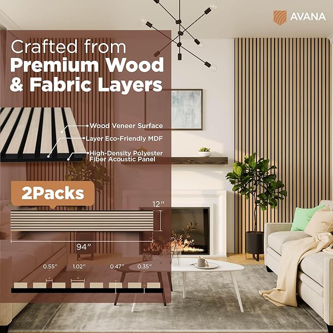 Avana Acoustic Wood Wall Panels – 94.4 x 12.6 Inch White Oak Acoustic Panels 2 PCs – Wall Panels For Interior Wall Decor for Homes, Offices, Studios – Pleasing Design Wood Panels For Wall