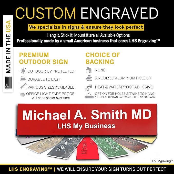 Custom Name Plate for Doors, with Choice of Mounting Holders for Walls, Doors, Cubicles, Hanging and More - Personalized Red Plastic White Letters - USA Made 2x6 - B7