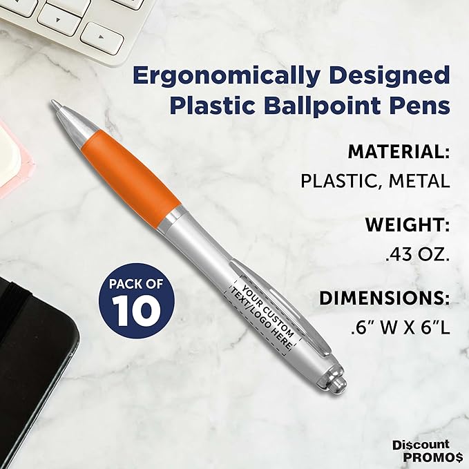DISCOUNT PROMOS Personalized Ballpoint Pens With Rubber Grip, 10 pack Customizable Ergonomic Click-to-Write Custom Writing Pens for School with Black Ink, Orange