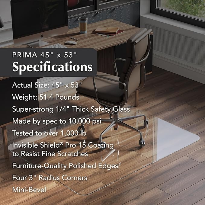 Vitrazza Glass Chair Mat 45” x 53” Superior ¼ Thick, Chiaro Standard Clear, Certified Tempered Safety Glass, Delivers a Smooth Glide, Protects Carpet or Wood, Beautiful in Home or Office.