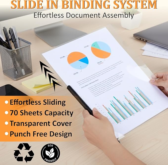 5 Pack Report Covers with Sliding Bar - Clear Plastic Presentation Folders for A4 & Letter Size Paper, 70 Sheet Capacity File Document Binder for School, Office, Resume & Business Use