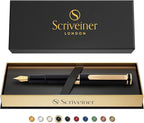 Scriveiner Luxury EDC Fountain Pen (Medium), Stunning Luxury Black Pocket Pen, Real Gold Plating, Schmidt Gilded Nib, Converter, Best Writing Gift Set for Men & Women, Nice Fancy Office Designer Pen