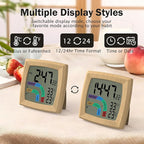 VOILEIPAGI Travel Alarm Clock Bedside Clock with Auto Backlight, Battery Powered Alarm Clock Temperature and Humidity, Second, Date, 12/24H, Wood Grained Small Clock Digital Alarm Clocks for Bedrooms