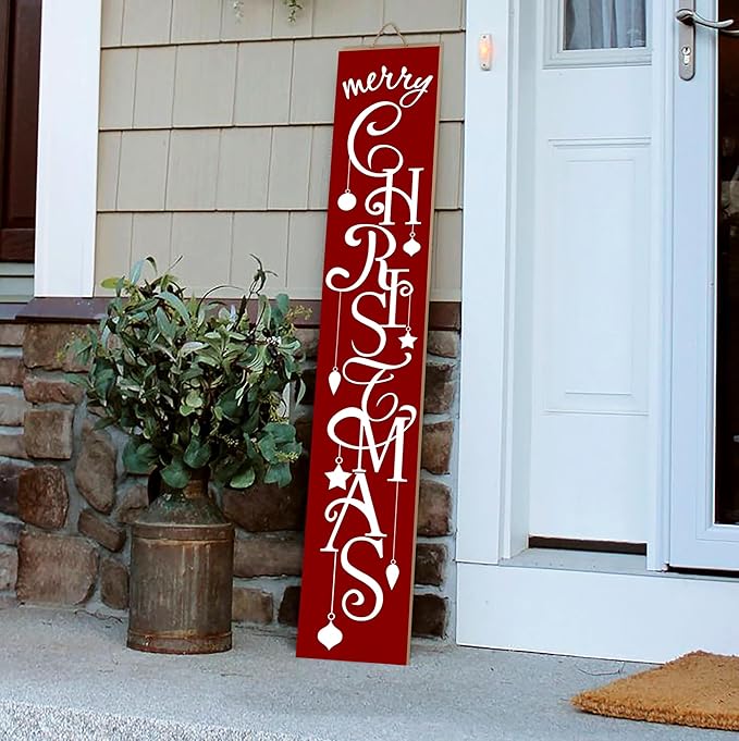 ARTUFAN Merry Christmas Red with Star porch sign Welcome for Front Door Porch Deck Patio or Wall -Indoor and Outdoor Decorative Farmhouse Rustic Vertical Porch and Yard Decor - 7.8''x47.5''