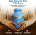 Modern Memorials Cremation Urn for Ashes - Large Urn for Man & Women - 200 Cubic Inches - Includes Velvet Storage Bag - Sky Blue with Silver Band