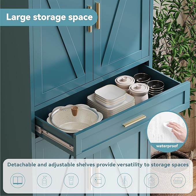 71" Tall Metal Storage Cabinet with Adjustable Shelves,Farmhouse Kitchen Pantry Cabinet with 2 Barn Doors and Drawer,Large Storage Cabinets for Dining Room,Bathroom,Living Room(Blue)