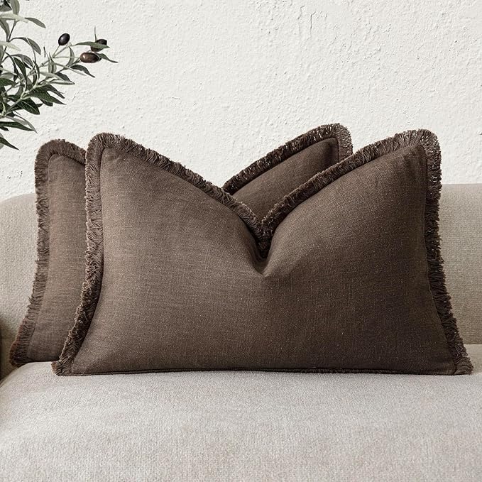 Foindtower Set of 2 Decorative Linen Fringe Throw Pillow Covers Boho Farmhouse Cushion Cover with Tassels Lumbar Accent Pillowcase for Bed Couch Living Room Home Bedroom Decor,12×24 Inch,Reddish Brown