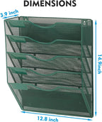 EASEPRES Magnetic 5 Pocket Mesh Hanging File Organizer, Wall Mounted Mail Paper Document Folder Holder, Clipboard Storage Organization Magazine Rack with Nametag Label for Office School, Dark Green
