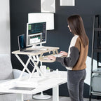 VIVO 32 inch Desk Converter, K Series, Height Adjustable Sit to Stand Riser, Dual Monitor and Laptop Workstation with Wide Keyboard Tray, Light Wood Top, White Frame, DESK-V000KF