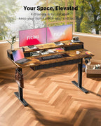 FiCiHi Electric Standing Desk with Four Drawers, Adjustable Height Sit Stand Desk, C-Clamp Compatible Home Office Desk with Storage Shelf & Monitor Stand Riser, 55 x 24 Inch, Rustic Brown
