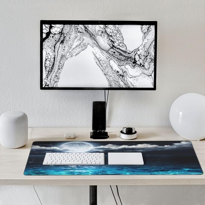 CANFLASHION Gaming Mouse Pad,Large Mouse Pads for Desk,Non-Slip Rubber Base Extended Mousepad,XXL Keyboard Mouse Mat,Computer Keyboard Desk Pad with Stitched Edges,35.4x15.8inch,Full Moon On Sea Night