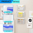 GDINDINFAN 3 Single Pocket Wall File Holder, Mesh Hanging File Folder Paper Organizer, Vertical Wall Mounted Mail Basket, Storage Organization Magazine Rack for Office, Home and School, White