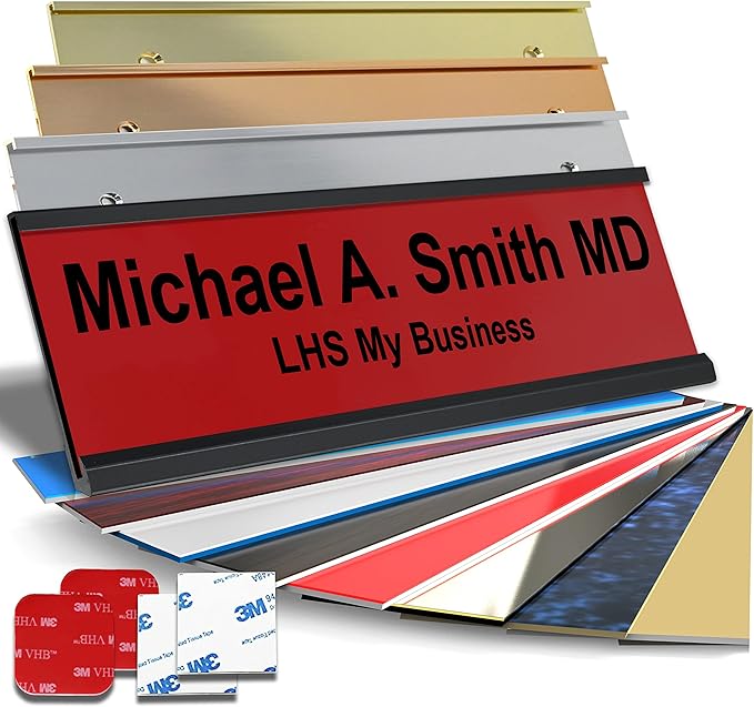 Personalized Name Plate with Choice of Mounting Holders for Walls, Doors, Cubicles, Hanging and More - Custom Red Plastic Black Letters - USA Made 2x10 - B14
