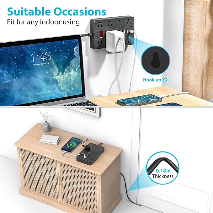 10ft Extension Cord Long Power Strip,AOFO 8 Widely-Spaced Outlets & 6 USB（1 USB C） Ports Flat Plug Power Strip,Power Cord for Wall Mountable and Desktop Black