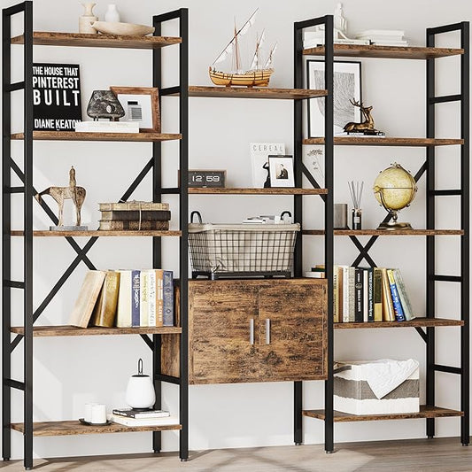 70 x70" Triple 5 Tier Book Shelf, Industrial Large Bookcase with Storage Cabinet, Tall Bookshelf with 14 Open Display Shelves Metal Frame Furniture for Living Room Bedroom Home Office Rustic Brown