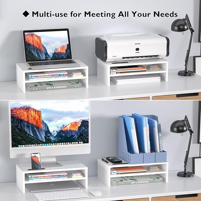 BONTEC Wooden Monitor Stand Riser, 2-Tier Desk Shelf with Storage Organizer, Ergonomic Computer Stand with Cable Management, Cellphone Holder, White, 16.5 Inch
