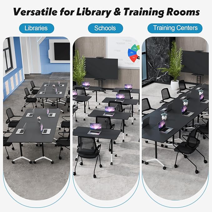 Goakwwuz Conference Room Table, Folding Conference Tables,Thicken Grey Tabletop,Flip Top Wooden Seminar Meeting Room Table for Conference Room Offices (4, Black, 55.1”)