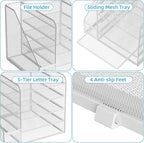 Marbrasse Desk Organizers and Accessories, 5-Tier Paper Letter Tray Organizer with File Holder, Mesh File Organizer, Office Desk Accessories & Organization for Supplies (White)