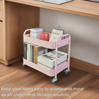 LIWNYRK 2 Tier Pink Rolling Cart with Wheels for Under Desk Storage, Large Capacity Rolling Pantry & Kitchen Storage Cart for Small Space, Sturdy Metal Bathroom Shelf Laundry Room Organization