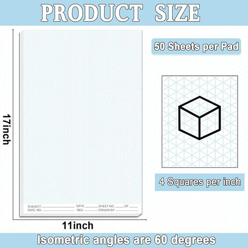 2 Pack 100 Sheets 11" x 17" Isometric Graph Paper Pad Landscape for 3D Designs Architecture Landscaping Engineering Drafting (Portrait)