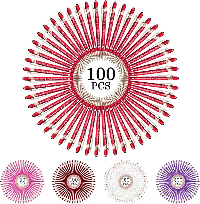 STREADVE 100 Personalized Custom Pens Engraved Writing Pen with Name Logo, Customized Promotional Items Stylus Pen Gifts for Women Realtor Reunion Wedding Business, Red