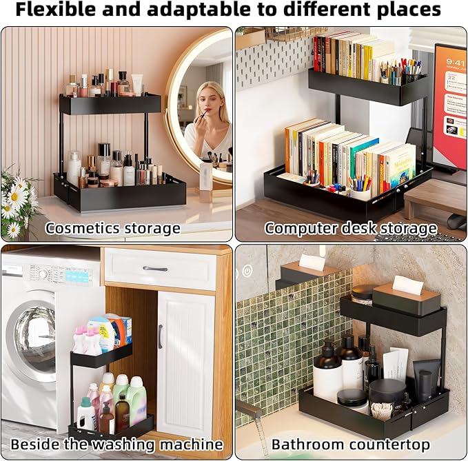 Henyol 2Packs Under Sink Organizer with Adjustable Height and Width, Under Cabinet Organizer to Tidy, Sturdy Metal Design for Kitchen and Bathroom