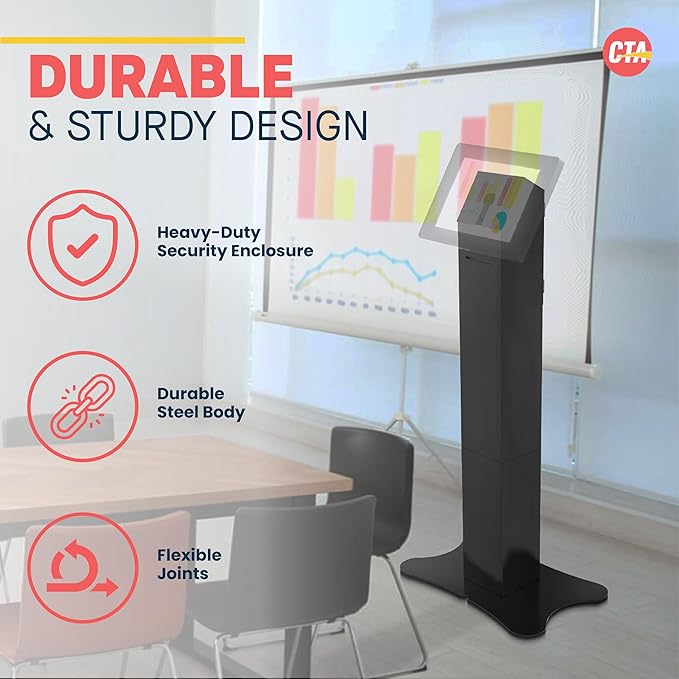 CTA Digital Kiosk with Printer Shelf VESA Compatible Floor Stand Kiosk with Enclosed Printer Storage & Cable Management for Retail POS - Ordering Screens & More - Black (PAD-PARAFP)