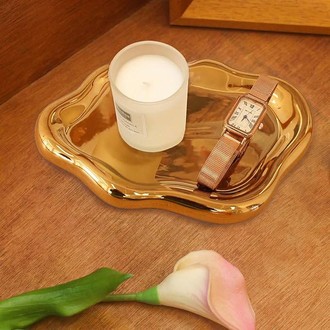 CCINPPY Ceramic Jewelry Tray Trinket Dish, Decorative Cloud Vanity Key Tray for Women, Ring Holder Dish, Cute Jewelry Plate Bowl Room Decor Aesthetic, Gold, Medium