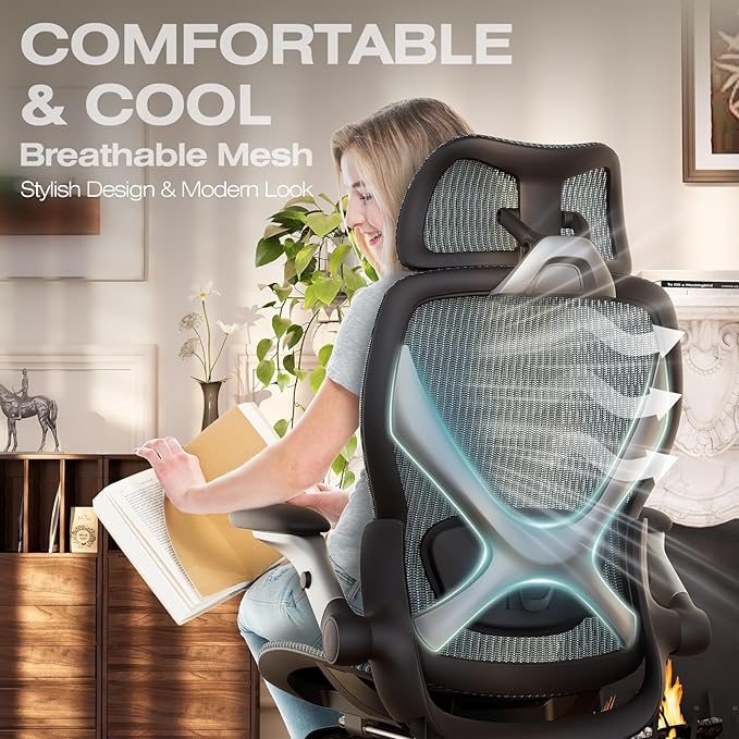 ELABEST X100 Ergonomic Office Chair with Footrest, Big and Tall Home Desk Chair with 5D Flip-Up Arms, Adjustable 6D Lumbar Support,High Back Rolling Computer Chair, Swivel Mesh Chairs (Forest Ranger)