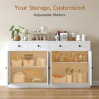 TaskStorz Metal Storage Cabinet with 2 Doors and 1 Drawer，Farmhouse Buffet Cabinet with Storage，32.3" H Coffee Bar Cabinet with Storage for Kitchen, Dining Room, Hallway, White