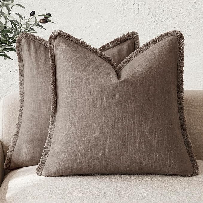 Foindtower Set of 2 Decorative Linen Fringe Throw Pillow Covers Boho Farmhouse Cushion Cover with Tassels Soft Accent Pillowcase for Couch Sofa Bed Living Room Home Decor,26×26 Inch,Light Coffee