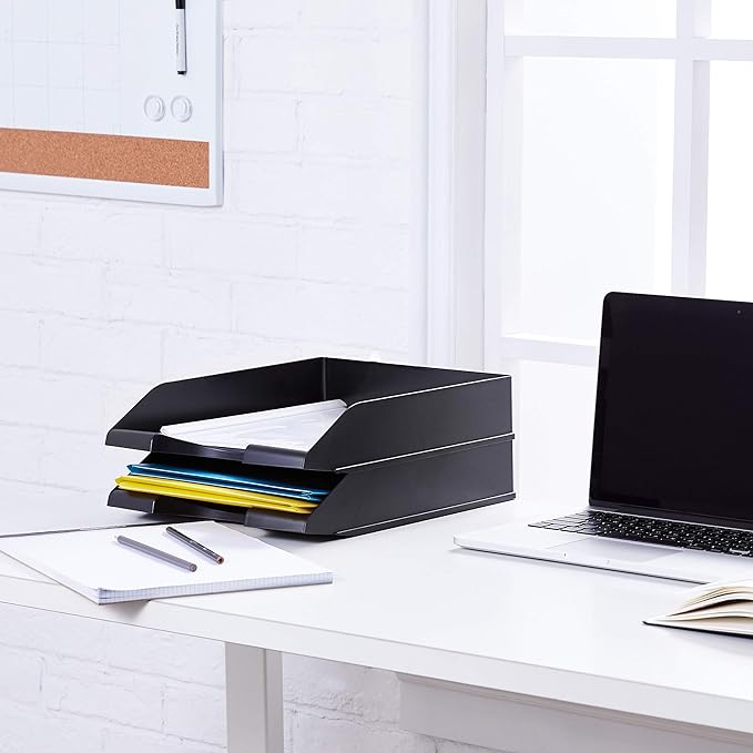 Amazon Basics Rectangular, Stackable Office Letter Organizer Desk Tray, Black, Pack of 2