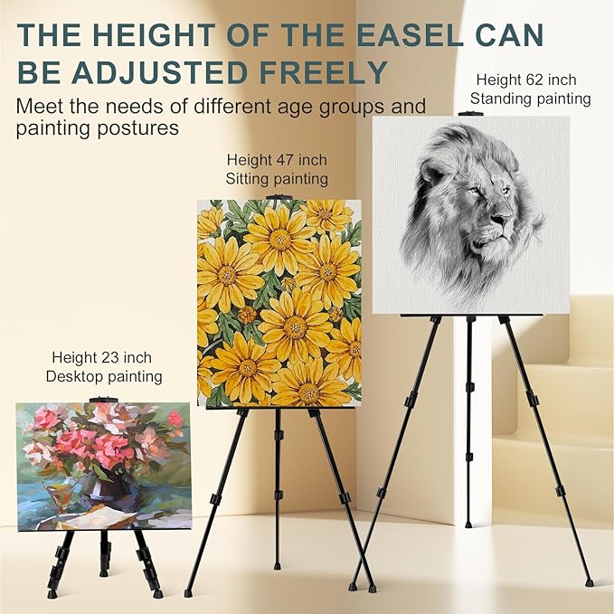 AROIC 8 Pack Painting Display Easel Stand Portable Adjustable Metal Tripod Artist Canvases Height from17to66Inch Extra Sturdy forTable-Top/Floor Painting, Drawingand Displaying,Black with8Storage Bag