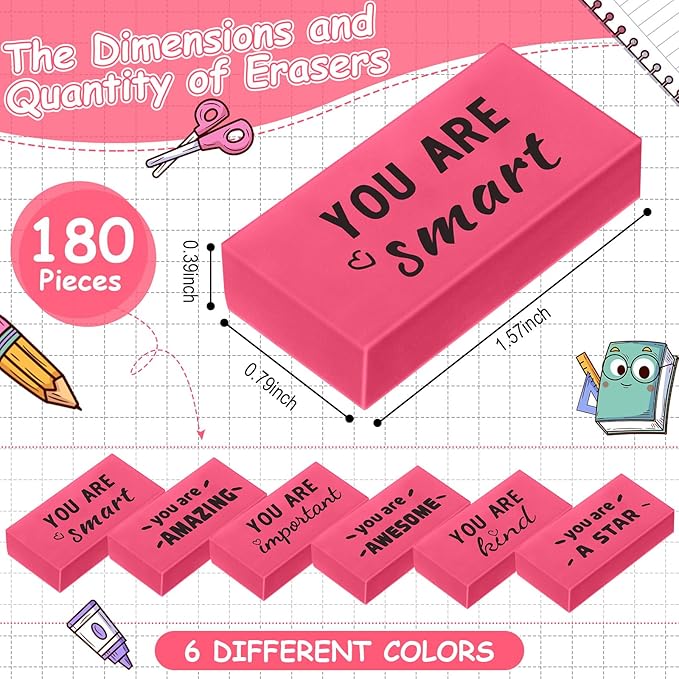 180 Pcs Inspirational Erasers for Kids Christian Pencil Erasers Bulk, Back-to-School Gifts Motivational and Cute Supplies for Students Classrooms, Drawing(Pink,Motivational)