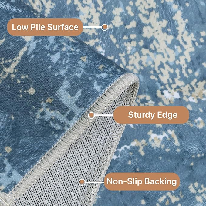 GENIMO Washable Area Rugs for Living Room, 8x10 Modern Non Slip Rugs, Low Pile Lightweight Soft Print Rug for Bedroom, Dining Room, Home Office, Washed Mist Blue