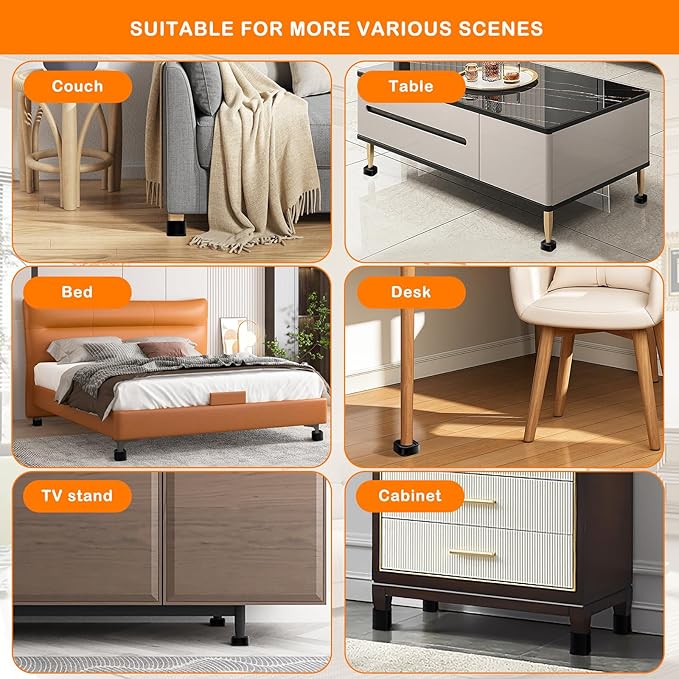 shouwuhho 6 Pack Furniture Risers Adjustable Bed Risers Heavy Duty Lifts Height 1", Square Stackable Bed Risers 1, 2 or 3 Inch for Desk Leg Table Couch Sofa Chair Bed Frame Legs Dorm, Black