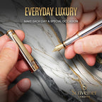 Scriveiner Silver Chrome Fountain Pen - Stunning Luxury Pen, Real Gold Finish, Schmidt Gilded Nib (Fine), Best Gift Set for Men & Women Professional Executive Office Fancy Nice Designer Pen