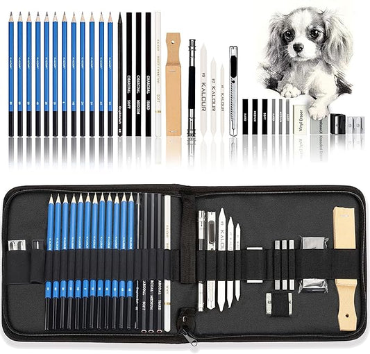 KALOUR 33 Pro Drawing Kit Sketching Pencils Set,Portable Zippered Travel Case-Charcoal Pencils, Sketch Pencils, Charcoal Stick,Sharpener,Eraser.Art Supplies for Artists Beginner Adults Teens
