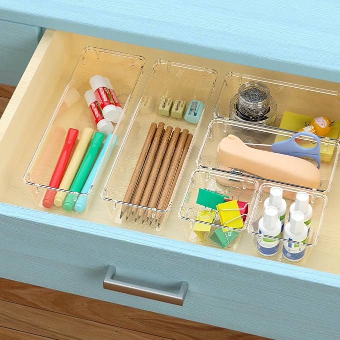 WOWBOX 9 Pack Clear Drawer Organizer Set, Acrylic Drawer Storage Trays, Storage Bins for Makeup, Cosmetics, Jewelries, Utensils, Gadgets, Office