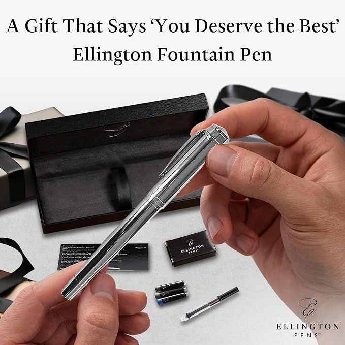 Ellington Pens Luxury Fountain Pen Set - Smooth Medium Nib- Includes 3 Ink Cartridges, Refillable Ink Converter, Gift Box- Fountain Pens For Writing, Calligraphy, Journaling, Sketching (Silver Sonata)