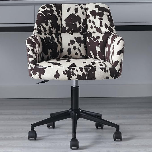 VESCASA Adjustable Home Office Desk Chair with Comfy Back, Linen 360 Swivel Upholstered Task Armchair with Wheels for Teens Bedroom/Living Room, Cowhide Print