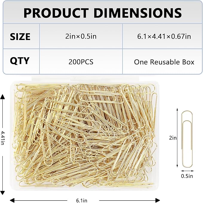 Jumbo Paper Clips, 200pcs 2 Inch Paper Clip, Large PaperClips, Stainless Steel, Paperclip for Paperwork Office School Home and Personal Use (Golden)