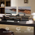 Fenge Monitor Stand, Dual Monitor Riser, 42.5inch Large Desk Computer Monitor Stand Riser with Drawer, 2 Tier Wood & Acrylic Desktop Organizer with Cable Management
