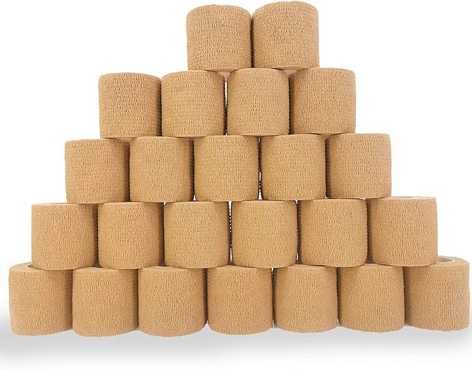 24 Pack Brown Breathable Self Adhesive Bandage Wrap 2 in, Multi-Purpose Non-Woven Cohesive Wrap - Vet Wrap | Athletic Tape | Medical Tape, Ankle Sprains, Swelling, Pets.
