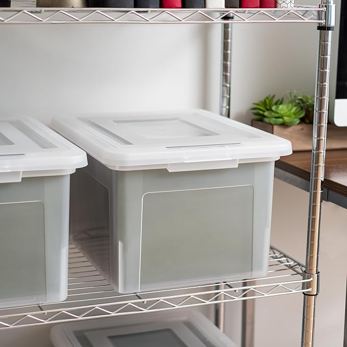 IRIS USA File Box, Plastic File Boxes With Lids, Document Organizer for Letter/Legal File, Document Box, Storage Bin For Hanging Files, Secure Latching Lid Stackable BPA-Free, Clear 35 Qt. 1 Pack