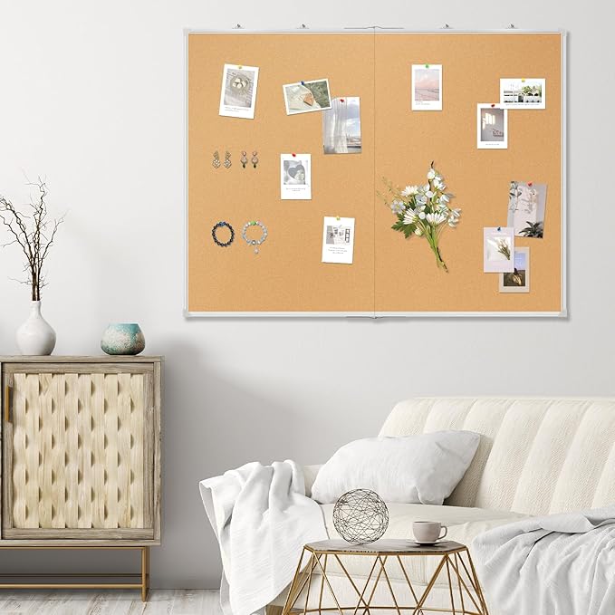 AMUSIGHT Double-Sided Large Cork Board, 48" x 36" Foldable Hanging Aluminum Framed Bulletin Board, Vision Board Pin Board Corkboards for Walls, Office, School Decor, 20 Pushpins