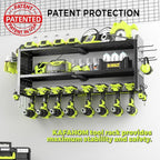 KAFAHOM Power Tool Organizer，Large 8 Drill Holder Wall Mount with 2 Side Pegboards,Metal Tool Shelf with 12 Hooks，Storage Rack for Garage Organization，Utility Cordless Drill Holder - Black