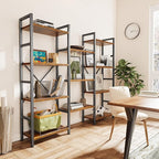 SUPERJARE Triple 4 Tier Bookshelf, Bookcase with 11 Open Display Shelves, Wide Book Shelf Book Case for Home & Office, Rustic Brown