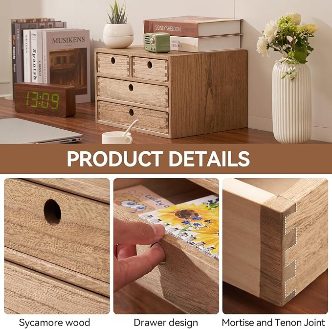 Kirigen Wood Desktop Storage Cabinet/Workspace Document Office necessity Organizer with 4 Drawers/Home,office Letter Mail Sorter with 3 levels/Hold Makeup Box (BR, 3-layer &4 drawers) Dark brown